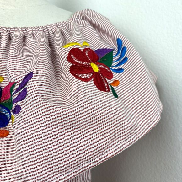 Colorful Floral Embroidered Cotton Dress S/M Flounce Collar Boho Peasant Ethnic - Picture 4 of 12